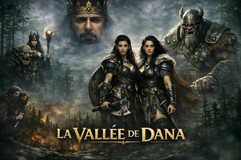 Affiche officielle de la comédie musicale La Vallée de Dana : le Roi couronné, deux guerrières en armure, un ogre et les créatures de la forêt