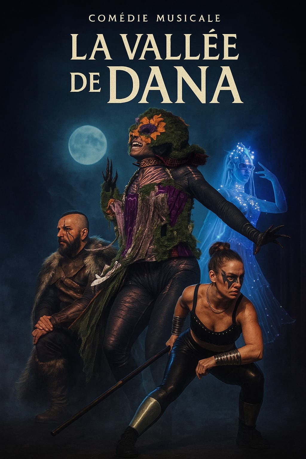 Affiche verticale de La Vallée de Dana : Nuada assis, la Chapardeuse bras écartés, l’esprit de lumière et une guerrière accroupie sous la lune
