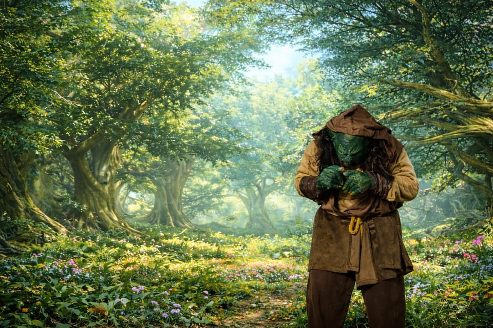 Un gobelin encapuchonné aux mains vertes dans une forêt enchantée projetée sur l'écran LED géant